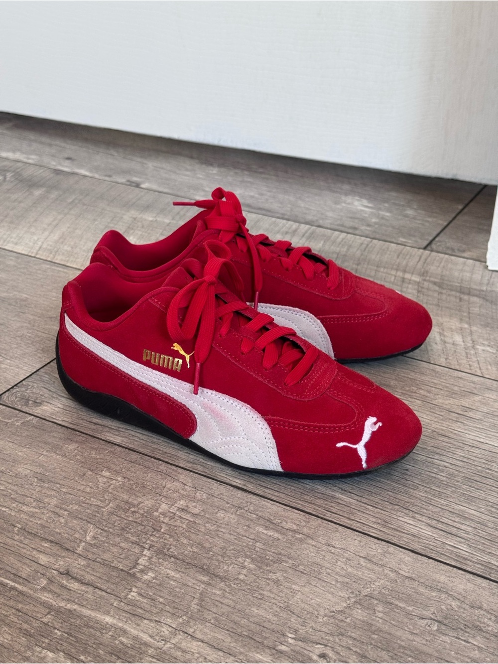 Puma Speedcat OG Red Sneaker with White Formstripe and Gold Logo